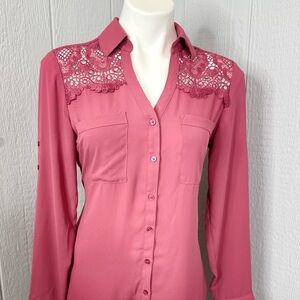 Express Pink Lace Detail Button Down Shirt